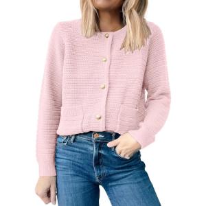 imageANRABESS Womens Tweed Knit Cardigan Sweater Casual Long Sleeve Cropped Button Down Lady Jackets 2025 Spring Fashion OutwearPink