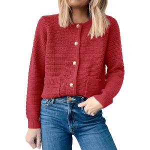imageANRABESS Womens Tweed Knit Cardigan Sweater Casual Long Sleeve Cropped Button Down Lady Jackets 2025 Spring Fashion OutwearRed