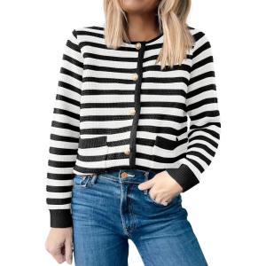 imageANRABESS Womens Tweed Knit Cardigan Sweater Casual Long Sleeve Cropped Button Down Lady Jackets 2025 Spring Fashion OutwearWhite Black Strip