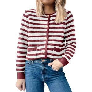 imageANRABESS Womens Tweed Knit Cardigan Sweater Casual Long Sleeve Cropped Button Down Lady Jackets 2025 Spring Fashion OutwearWhite Red Strip