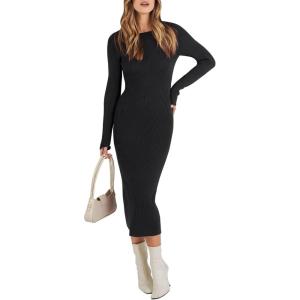 imageANRABESS Women Long Sleeve Crewneck Sweater Dress Ribbed Knit Stretch Slim Fit Bodycon Midi Dresses Fall Fashion OutfitsBlack
