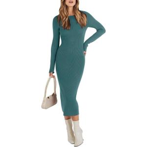 imageANRABESS Women Long Sleeve Crewneck Sweater Dress Ribbed Knit Stretch Slim Fit Bodycon Midi Dresses Fall Fashion OutfitsGreen Blue