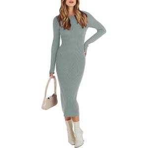 imageANRABESS Women Long Sleeve Crewneck Sweater Dress Ribbed Knit Stretch Slim Fit Bodycon Midi Dresses Fall Fashion OutfitsLight Gray