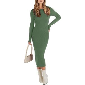 imageANRABESS Women Long Sleeve Crewneck Sweater Dress Ribbed Knit Stretch Slim Fit Bodycon Midi Dresses Fall Fashion OutfitsOlive