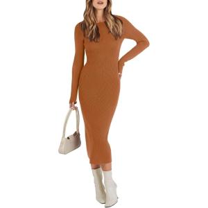 imageANRABESS Women Long Sleeve Crewneck Sweater Dress Ribbed Knit Stretch Slim Fit Bodycon Midi Dresses Fall Fashion OutfitsRust