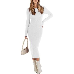 imageANRABESS Women Long Sleeve Crewneck Sweater Dress Ribbed Knit Stretch Slim Fit Bodycon Midi Dresses Fall Fashion OutfitsWhite