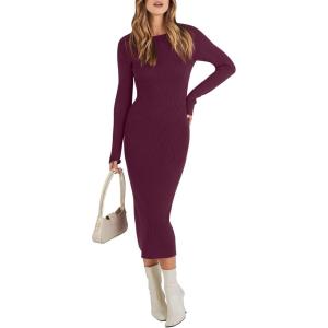 imageANRABESS Women Long Sleeve Crewneck Sweater Dress Ribbed Knit Stretch Slim Fit Bodycon Midi Dresses Fall Fashion OutfitsWine Red