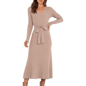 imageANRABESS Women Long Sleeve V Neck Aline Tie Waist Slim Fit Ribbed Knit Bodycon Midi Sweater Dress 2025 Fall Trendy OutfitsAlmond