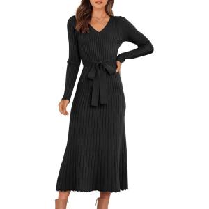 imageANRABESS Women Long Sleeve V Neck Aline Tie Waist Slim Fit Ribbed Knit Bodycon Midi Sweater Dress 2025 Fall Trendy OutfitsBlack