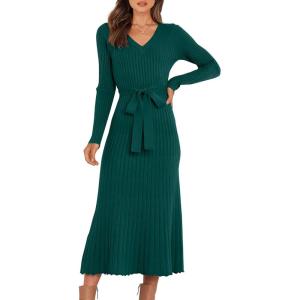 imageANRABESS Women Long Sleeve V Neck Aline Tie Waist Slim Fit Ribbed Knit Bodycon Midi Sweater Dress 2025 Fall Trendy OutfitsDeep Green