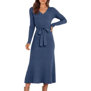 imageANRABESS Women Long Sleeve V Neck Aline Tie Waist Slim Fit Ribbed Knit Bodycon Midi Sweater Dress 2025 Fall Trendy OutfitsDusty Blue