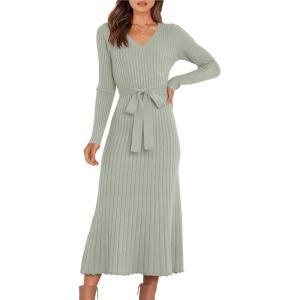 imageANRABESS Women Long Sleeve V Neck Aline Tie Waist Slim Fit Ribbed Knit Bodycon Midi Sweater Dress 2025 Fall Trendy OutfitsGreen