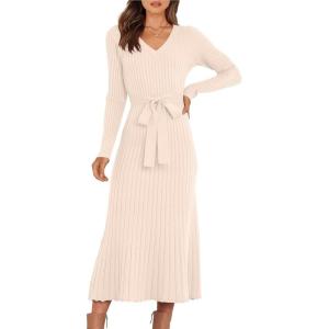 imageANRABESS Women Long Sleeve V Neck Aline Tie Waist Slim Fit Ribbed Knit Bodycon Midi Sweater Dress 2025 Fall Trendy OutfitsLight Khaki