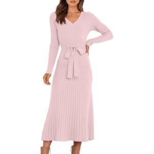 imageANRABESS Women Long Sleeve V Neck Aline Tie Waist Slim Fit Ribbed Knit Bodycon Midi Sweater Dress 2025 Fall Trendy OutfitsPink