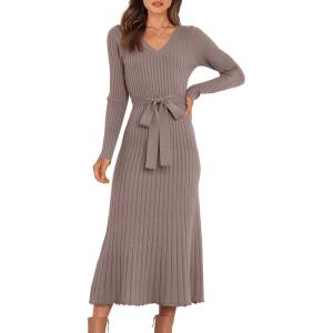 imageANRABESS Women Long Sleeve V Neck Aline Tie Waist Slim Fit Ribbed Knit Bodycon Midi Sweater Dress 2025 Fall Trendy OutfitsPink Almond