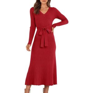 imageANRABESS Women Long Sleeve V Neck Aline Tie Waist Slim Fit Ribbed Knit Bodycon Midi Sweater Dress 2025 Fall Trendy OutfitsRed