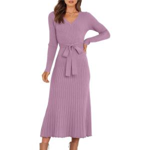 imageANRABESS Women Long Sleeve V Neck Aline Tie Waist Slim Fit Ribbed Knit Bodycon Midi Sweater Dress 2025 Fall Trendy OutfitsViolet