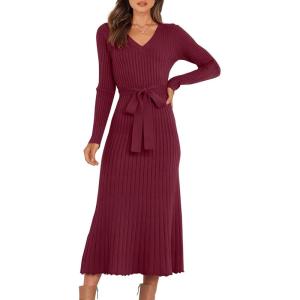 imageANRABESS Women Long Sleeve V Neck Aline Tie Waist Slim Fit Ribbed Knit Bodycon Midi Sweater Dress 2025 Fall Trendy OutfitsWine Red