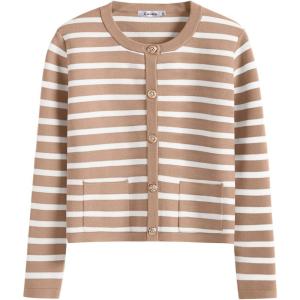 imageANRABESS Women Striped Cardigan Sweaters Button Down Cropped Knit Lady Jackets Coat 2025 Fall Outfits Spring Trendy ClothesApricot White Stripe
