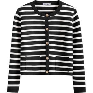 imageANRABESS Women Striped Cardigan Sweaters Button Down Cropped Knit Lady Jackets Coat 2025 Fall Outfits Spring Trendy ClothesBlack White Stripe