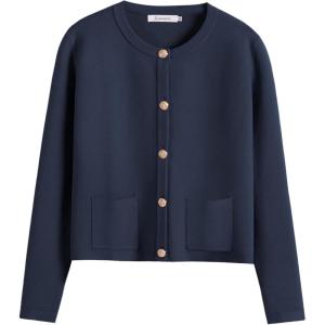 imageANRABESS Women Striped Cardigan Sweaters Button Down Cropped Knit Lady Jackets Coat 2025 Fall Outfits Spring Trendy ClothesNavy Blue