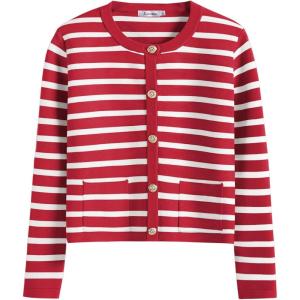 imageANRABESS Women Striped Cardigan Sweaters Button Down Cropped Knit Lady Jackets Coat 2025 Fall Outfits Spring Trendy ClothesRed White Stripe