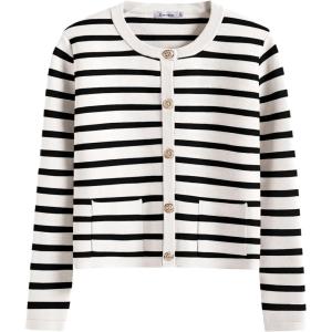 imageANRABESS Women Striped Cardigan Sweaters Button Down Cropped Knit Lady Jackets Coat 2025 Fall Outfits Spring Trendy ClothesWhite Black Stripe