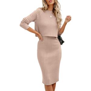 imageANRABESS Womens 2 Piece Outfits Sweater Dresses Set Midi Skirt Sets Long Sleeve Crop Top Bodycon Ribbed Knit Dress 2024 FallApricot