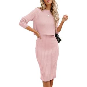 imageANRABESS Womens 2 Piece Outfits Sweater Dresses Set Midi Skirt Sets Long Sleeve Crop Top Bodycon Ribbed Knit Dress 2024 FallPink