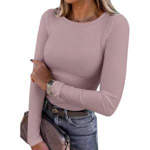 imageANRABESS Women Long Sleeve Crewneck Rib Knit Slim Fit Shirts Basic Tee Tops 2025 Casual TShirt Going Out Workout OutfitsGrey Pink