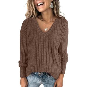 imageANRABESS Long Sleeve Shirts for Women V Neck Casual Fall Tops Loose Fit Lightweight Sweaters Tunic Fashion 2024 ClothesBrown