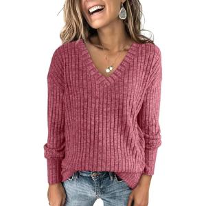imageANRABESS Long Sleeve Shirts for Women V Neck Casual Fall Tops Loose Fit Lightweight Sweaters Tunic Fashion 2024 ClothesRed