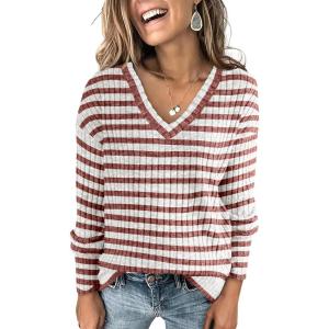 imageANRABESS Long Sleeve Shirts for Women V Neck Casual Fall Tops Loose Fit Lightweight Sweaters Tunic Fashion 2024 ClothesStriped Rust