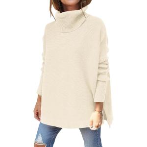 imageANRABESS Womens Oversized Turtleneck Batwing Sleeve Spilt Casual Loose Knit Tunic Pullover Sweater Tops 2025 Fall OutfitsApricot