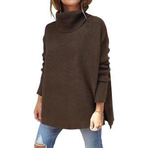 imageANRABESS Womens Oversized Turtleneck Batwing Sleeve Spilt Casual Loose Knit Tunic Pullover Sweater Tops 2025 Fall OutfitsCoffee