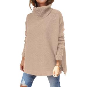 imageANRABESS Womens Oversized Turtleneck Batwing Sleeve Spilt Casual Loose Knit Tunic Pullover Sweater Tops 2025 Fall OutfitsKhaki