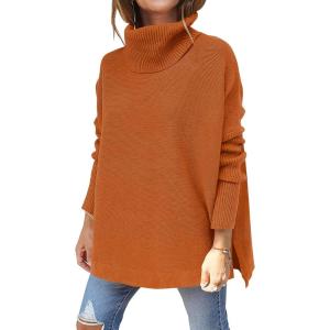 imageANRABESS Womens Oversized Turtleneck Batwing Sleeve Spilt Casual Loose Knit Tunic Pullover Sweater Tops 2025 Fall OutfitsOrange