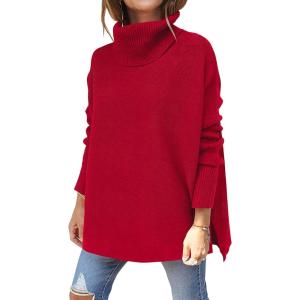 imageANRABESS Womens Oversized Turtleneck Batwing Sleeve Spilt Casual Loose Knit Tunic Pullover Sweater Tops 2025 Fall OutfitsRed