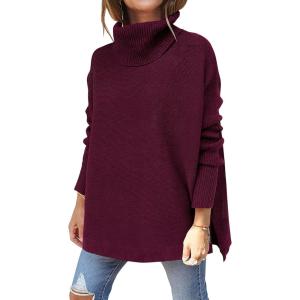 imageANRABESS Womens Oversized Turtleneck Batwing Sleeve Spilt Casual Loose Knit Tunic Pullover Sweater Tops 2025 Fall OutfitsWine Red
