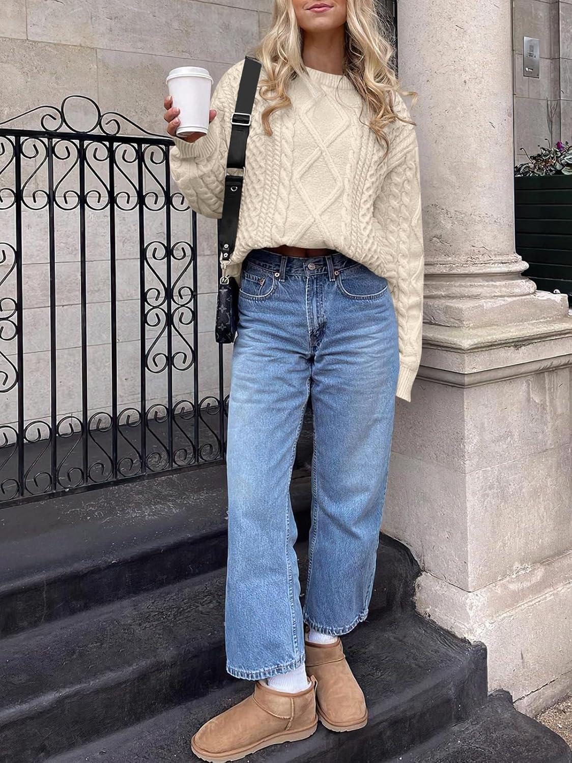 imageANRABESS Sweaters for Women Oversized Crewneck Long Sleeve Casual Loose Cable Knit Pullover Tops 2024 Fall Vintage ClothesApricot