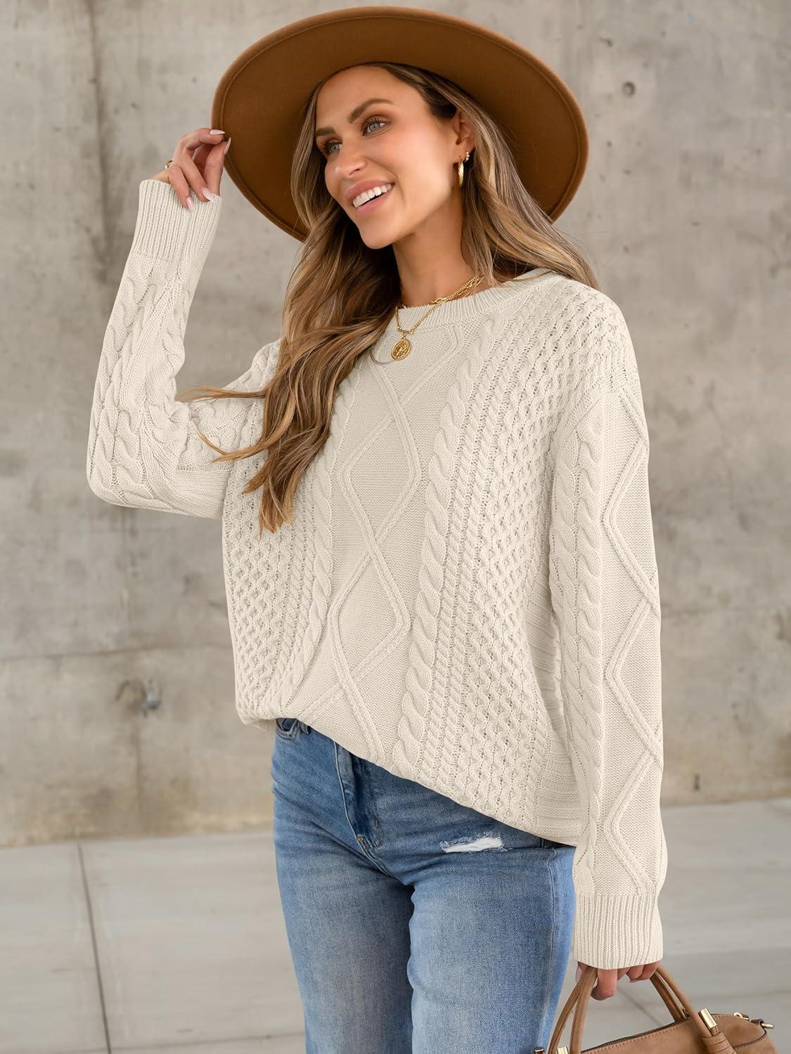imageANRABESS Sweaters for Women Oversized Crewneck Long Sleeve Casual Loose Cable Knit Pullover Tops 2024 Fall Vintage ClothesApricot