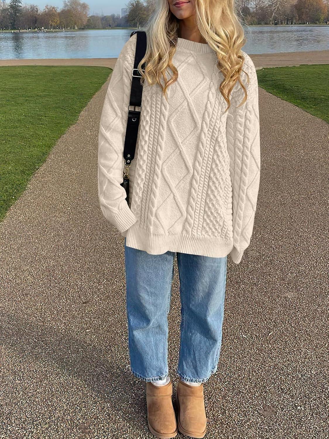 imageANRABESS Sweaters for Women Oversized Crewneck Long Sleeve Casual Loose Cable Knit Pullover Tops 2024 Fall Vintage ClothesApricot