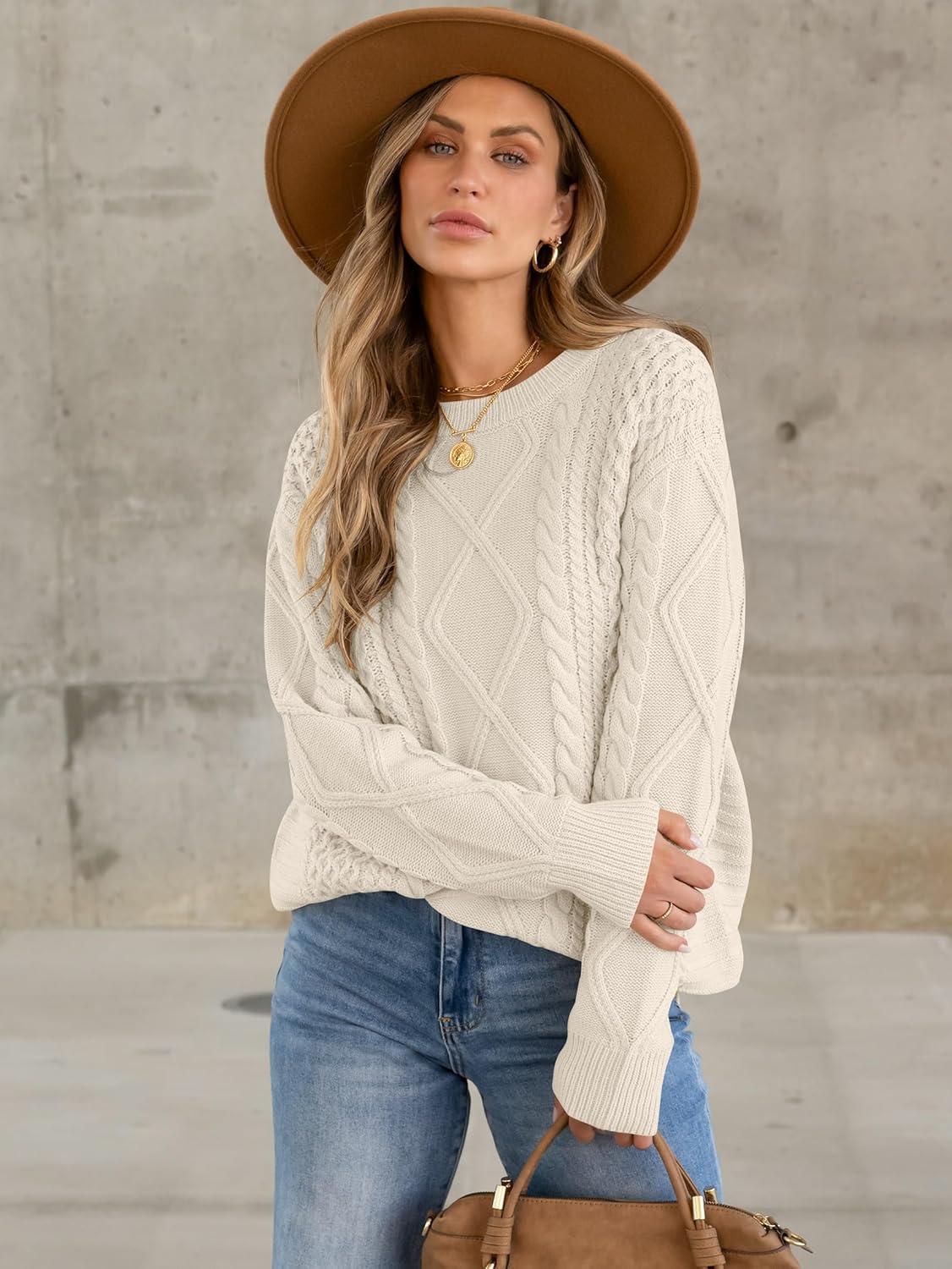 imageANRABESS Sweaters for Women Oversized Crewneck Long Sleeve Casual Loose Cable Knit Pullover Tops 2024 Fall Vintage ClothesApricot