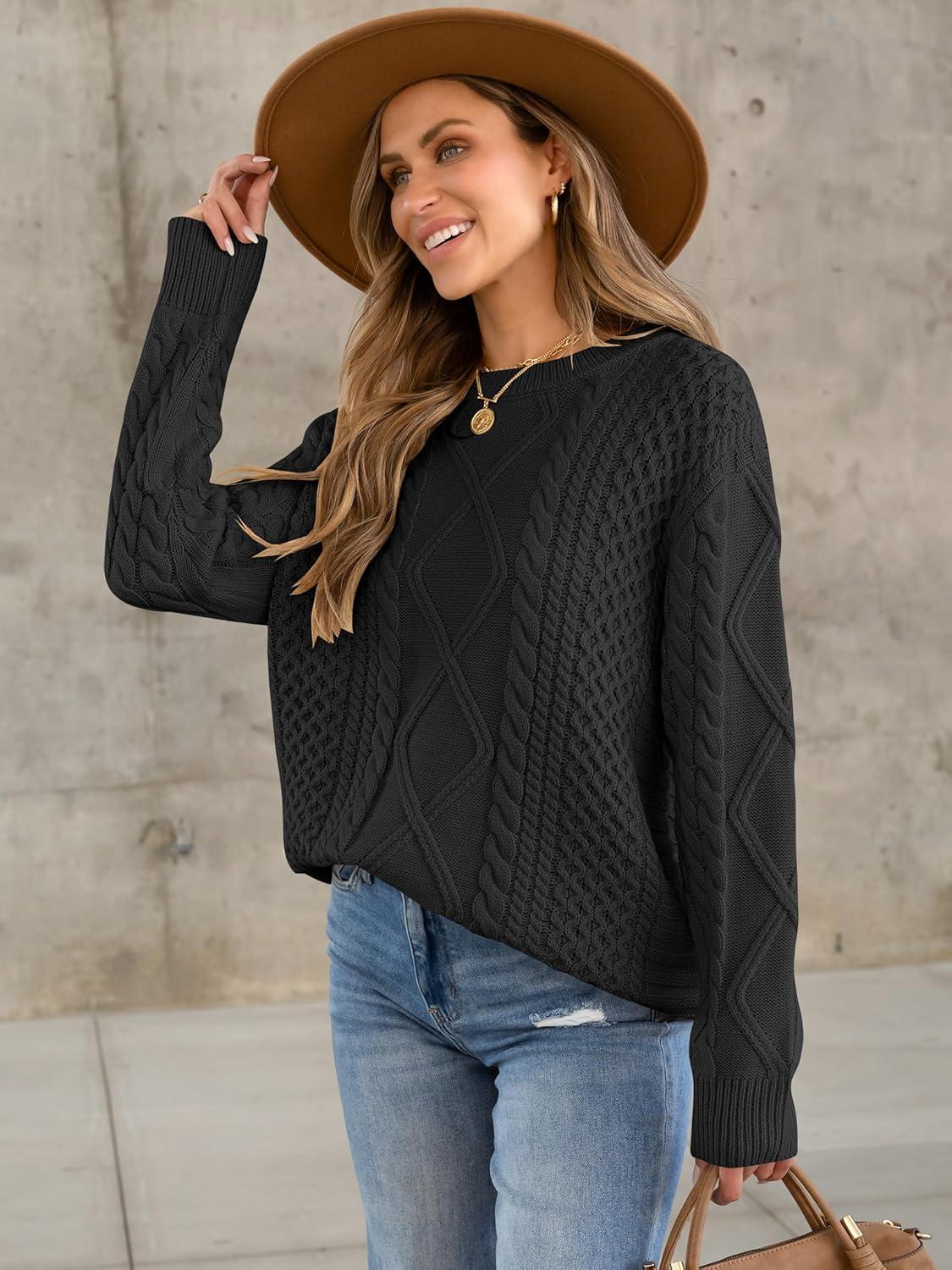 imageANRABESS Sweaters for Women Oversized Crewneck Long Sleeve Casual Loose Cable Knit Pullover Tops 2024 Fall Vintage ClothesBlack