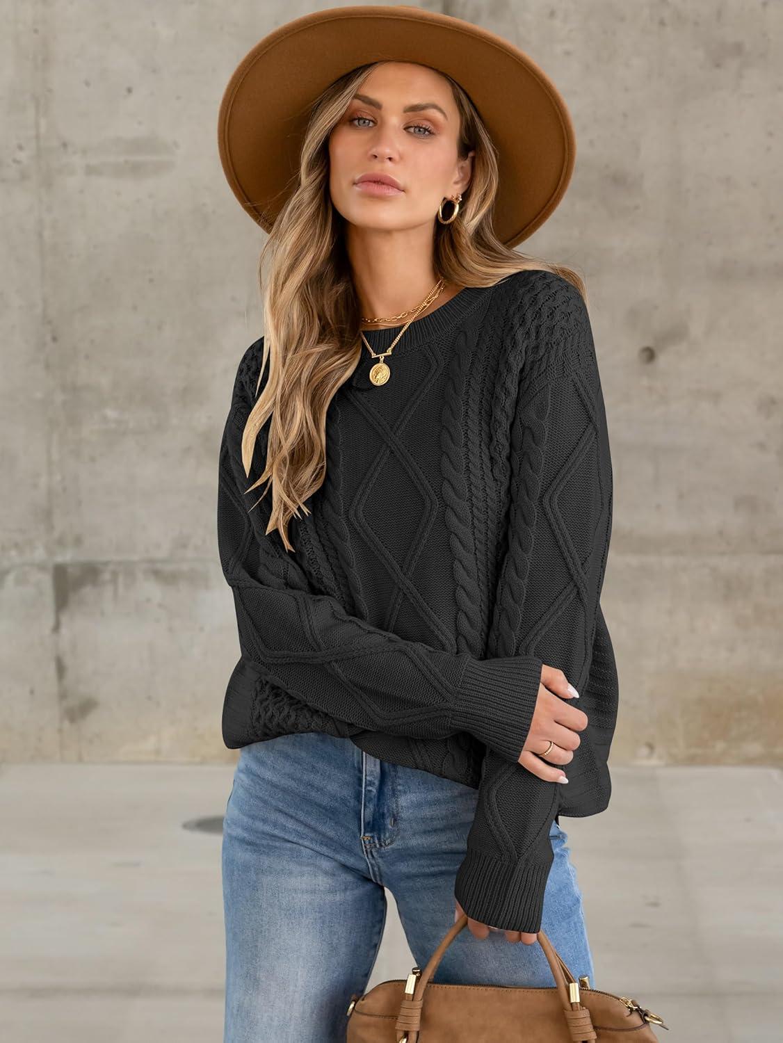 imageANRABESS Sweaters for Women Oversized Crewneck Long Sleeve Casual Loose Cable Knit Pullover Tops 2024 Fall Vintage ClothesBlack