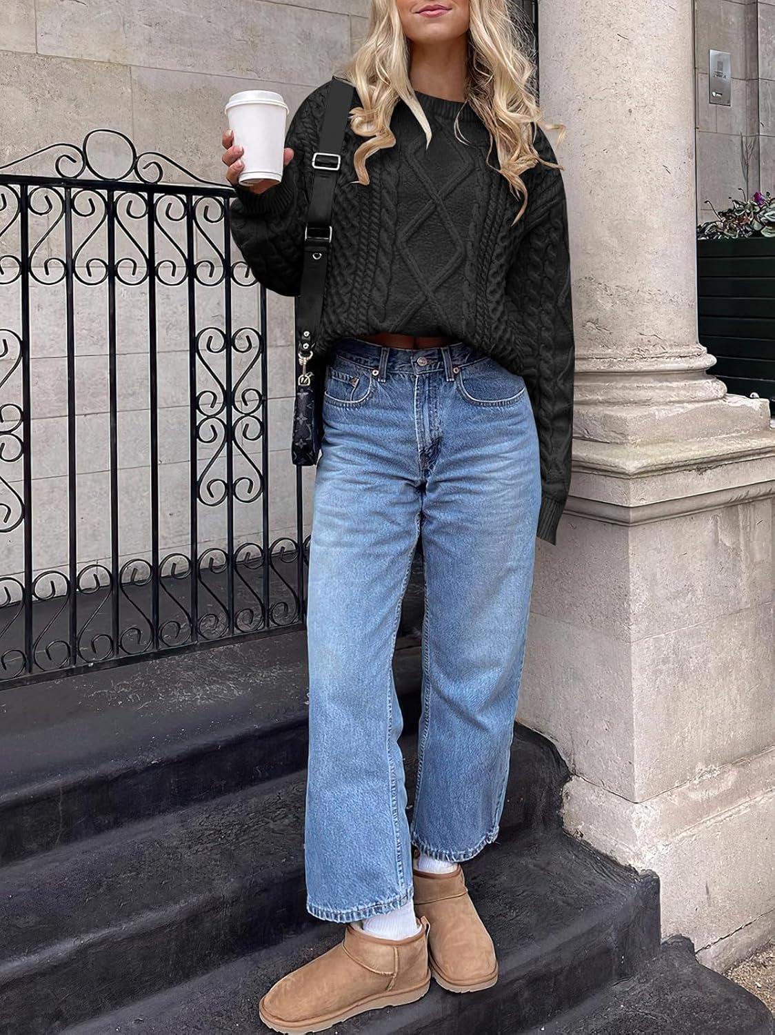 imageANRABESS Sweaters for Women Oversized Crewneck Long Sleeve Casual Loose Cable Knit Pullover Tops 2024 Fall Vintage ClothesBlack