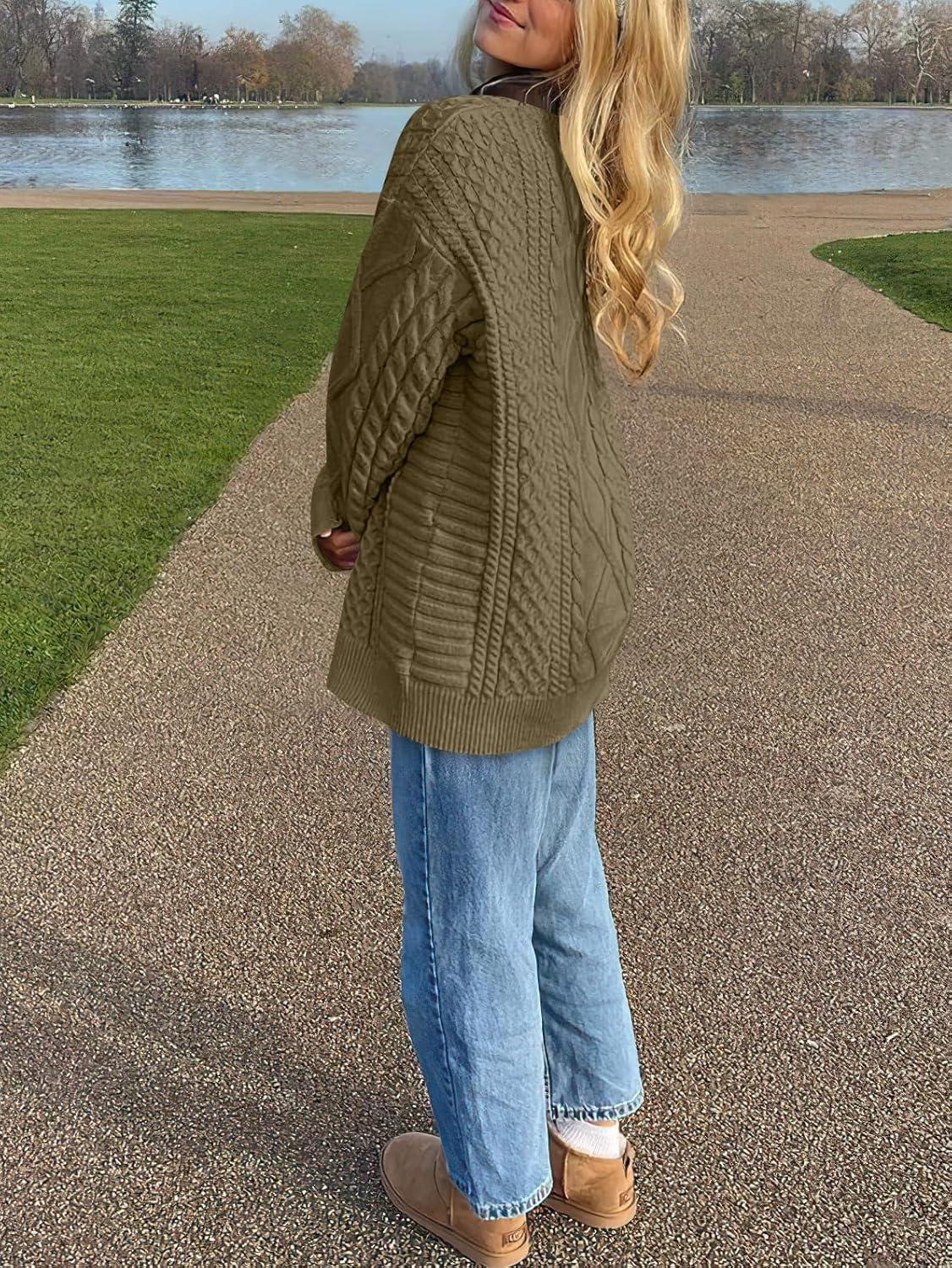 imageANRABESS Sweaters for Women Oversized Crewneck Long Sleeve Casual Loose Cable Knit Pullover Tops 2024 Fall Vintage ClothesBrown Yellow
