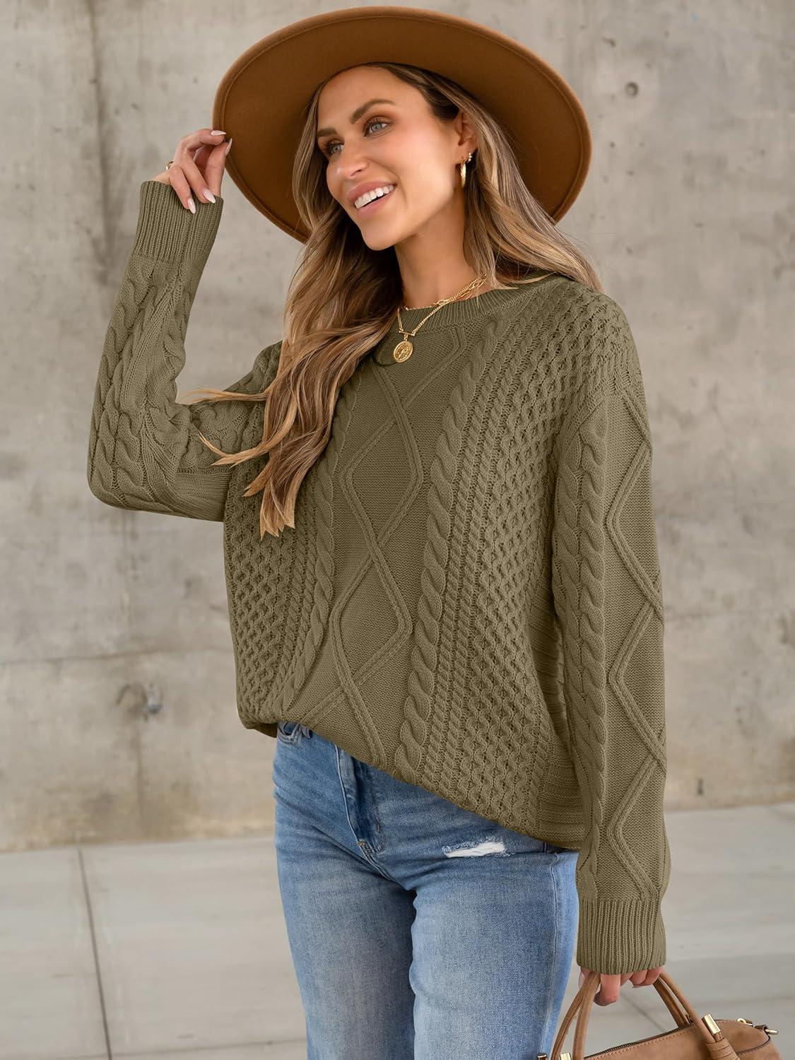 imageANRABESS Sweaters for Women Oversized Crewneck Long Sleeve Casual Loose Cable Knit Pullover Tops 2024 Fall Vintage ClothesBrown Yellow