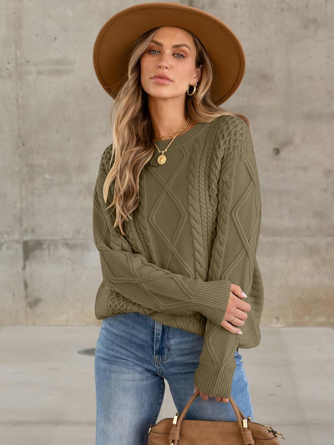 imageANRABESS Sweaters for Women Oversized Crewneck Long Sleeve Casual Loose Cable Knit Pullover Tops 2024 Fall Vintage ClothesBrown Yellow