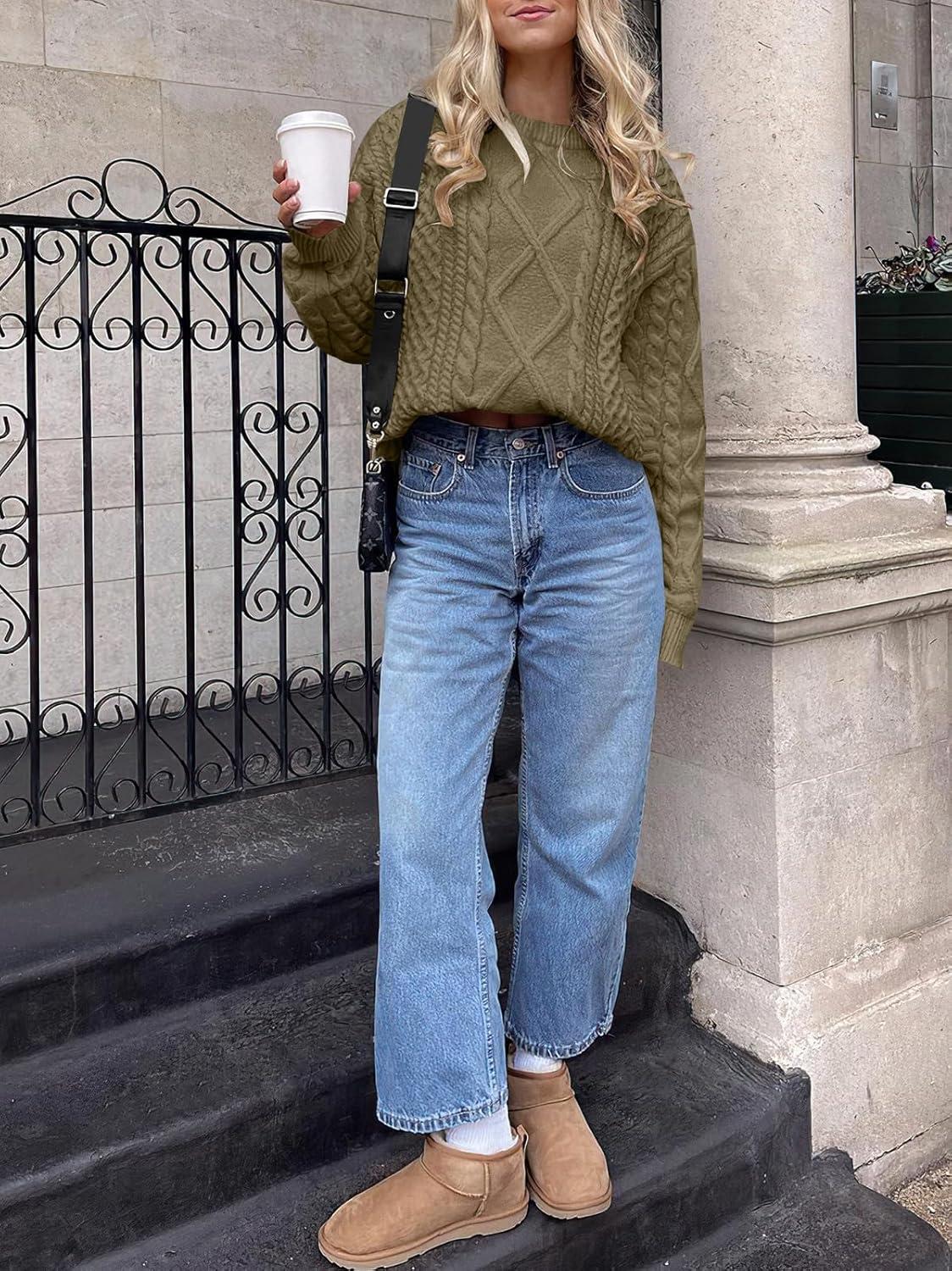 imageANRABESS Sweaters for Women Oversized Crewneck Long Sleeve Casual Loose Cable Knit Pullover Tops 2024 Fall Vintage ClothesBrown Yellow